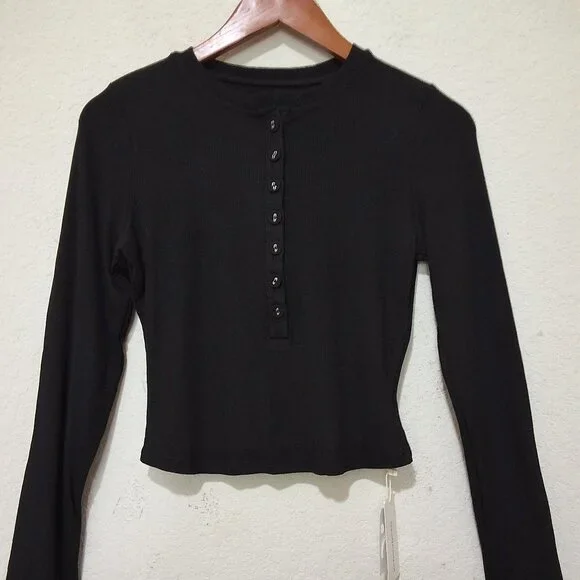 Commense Black Ribbed Long Sleeve Button-Up Henley Top XL 95% Cotton 5% Elastane - Picture 8 of 8